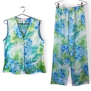 Vintage Oscar de la Renta Pink Label Satin Tropical Print 2 pc. Pajama S…